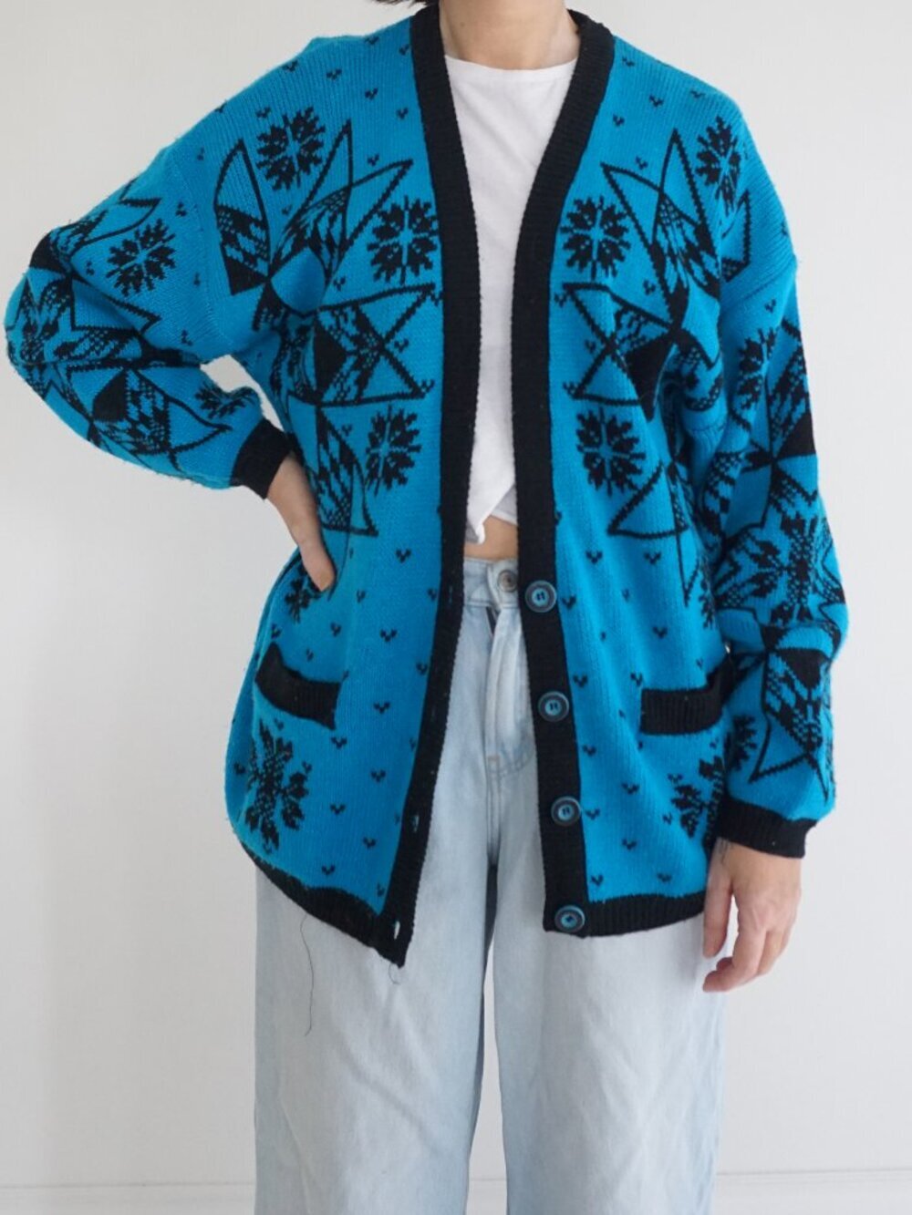 Vintage In The Park Turquoise Snowflake Geometric Southwest Knit Cardigan M